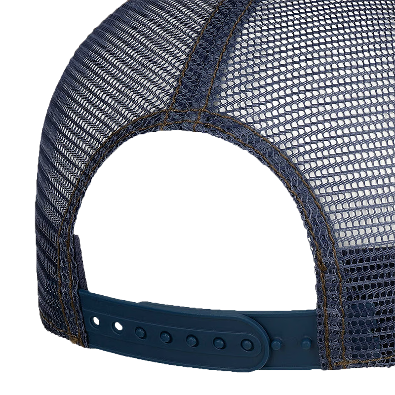 Close-up of the back of a navy blue mesh trucker hat, showing the adjustable snap strap and stitching details.