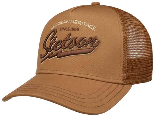 A tan trucker hat with brown mesh back panels and a curved brim, featuring 'Sietson' embroidered on the front with 'American Heritage Since 1869' above it.
