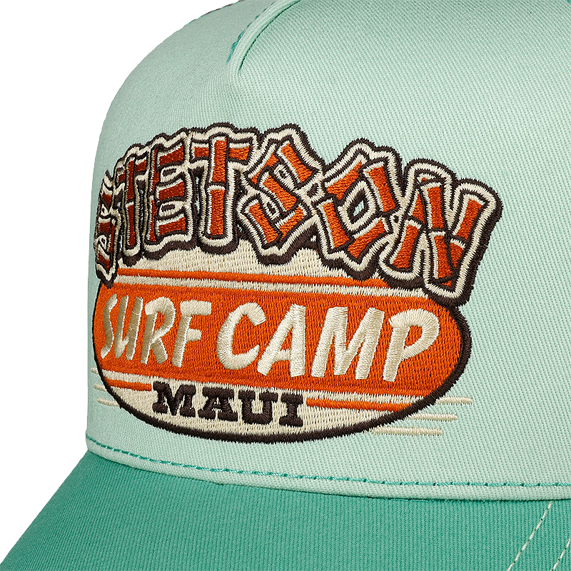 Stetson Surf Camp Trucker Cap with 'Surf Camp Maui' embroidered text on a white background