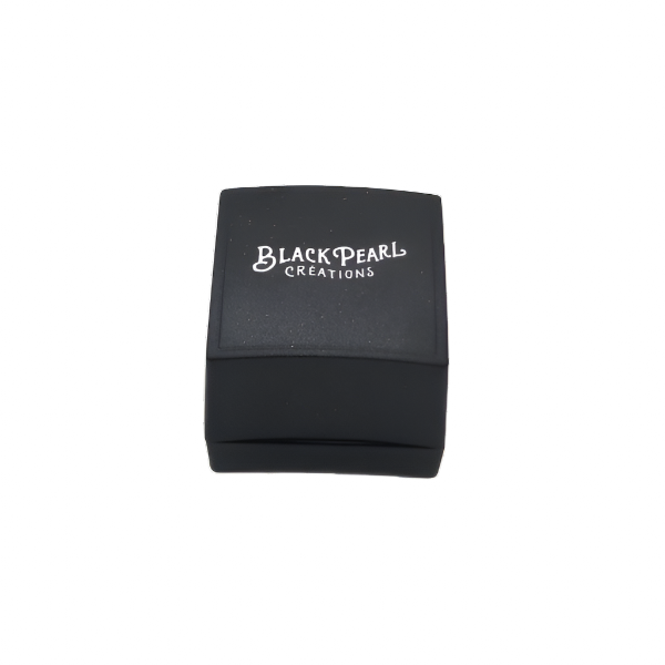 Black jewelry box with 'Black Pearl Creations' logo on a white background