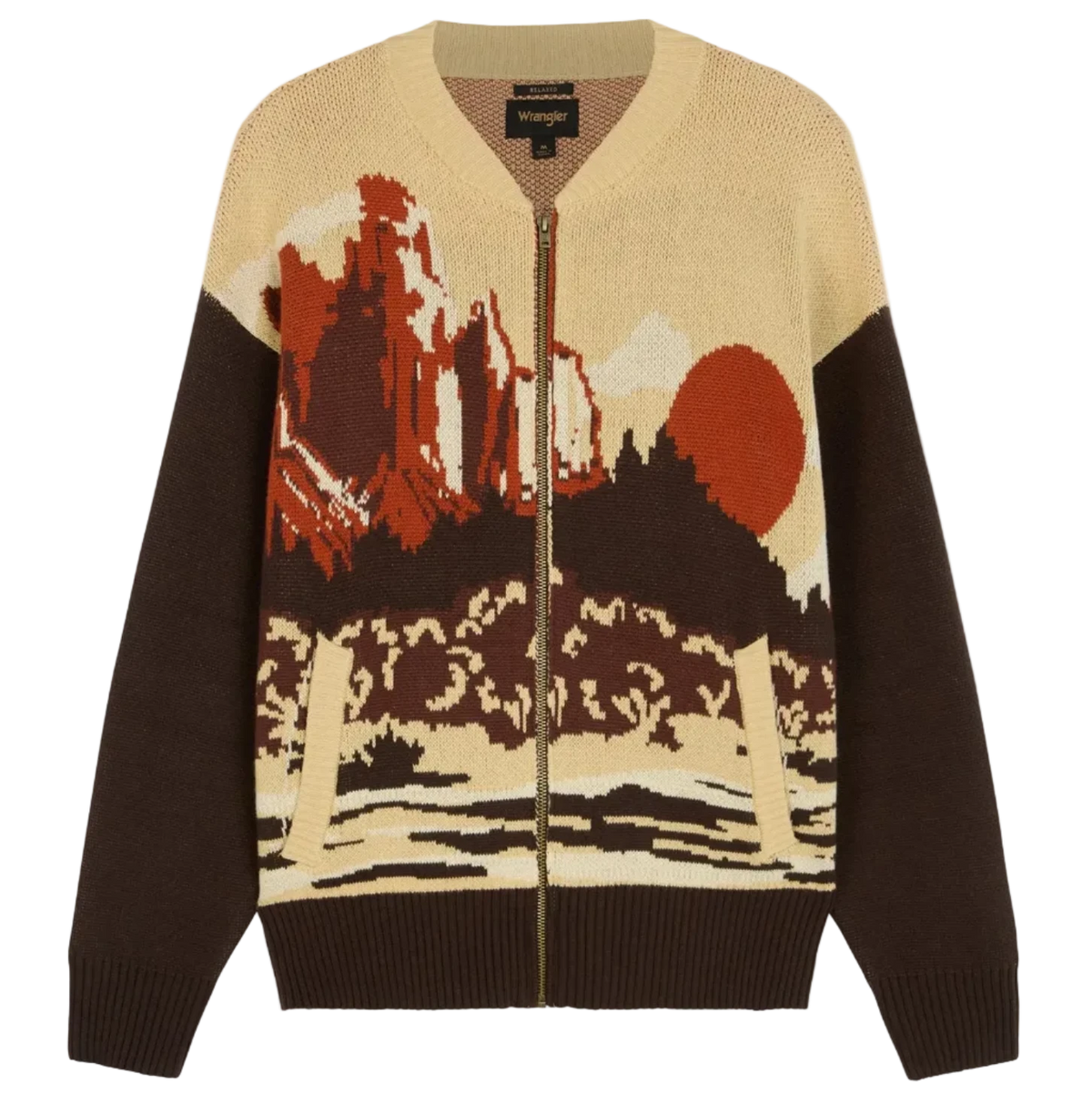 Wrangler Full Zip Cardigan sweater featuring a desert scenic design with dark brown sleeves and hem, and a beige upper yoke and body. The front is decorated with a stylized landscape graphic in rust red, dark brown, and beige, depicting mountains, trees, and a sun.