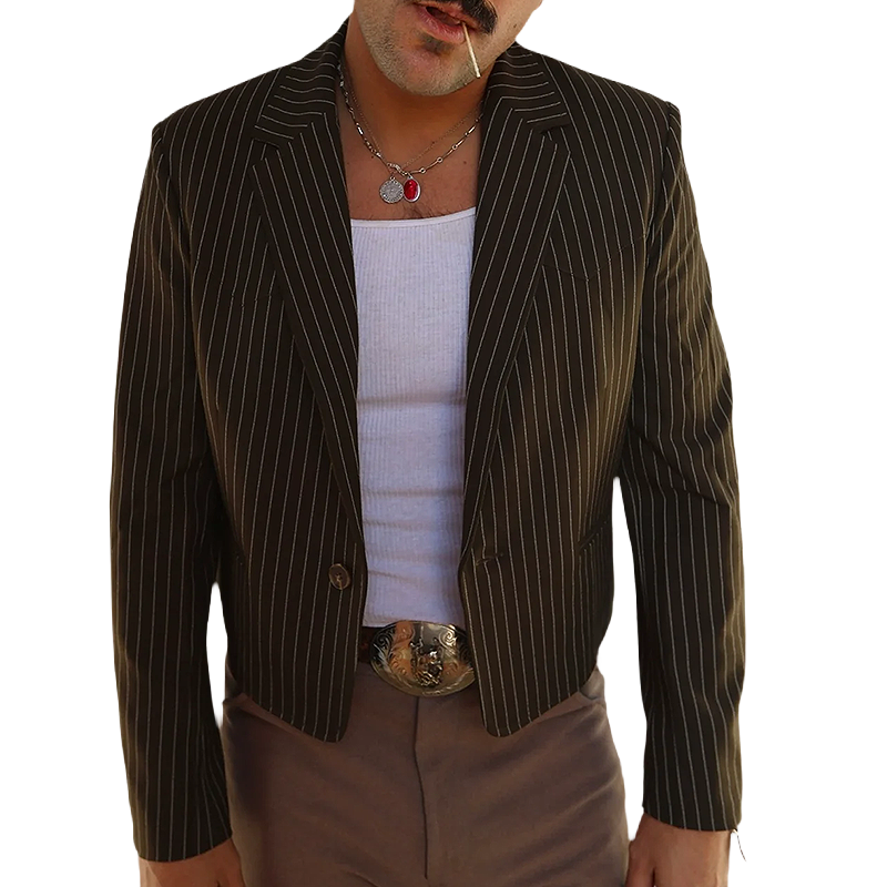 H Bar C Bakersfield Jacket in brown pinstripe worn open