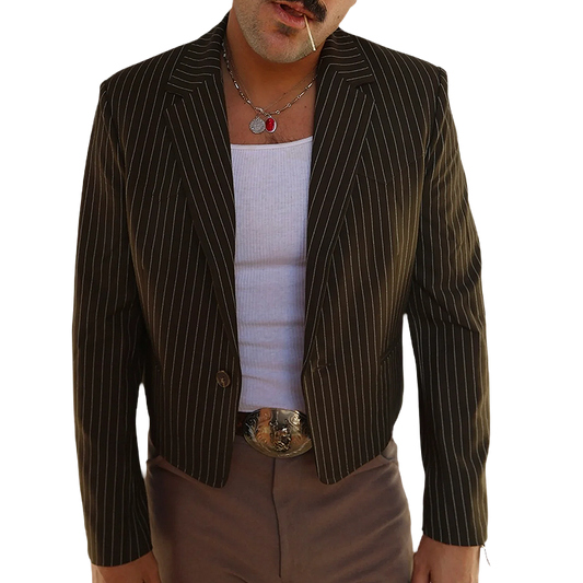 H Bar C Bakersfield Jacket in brown pinstripe worn open