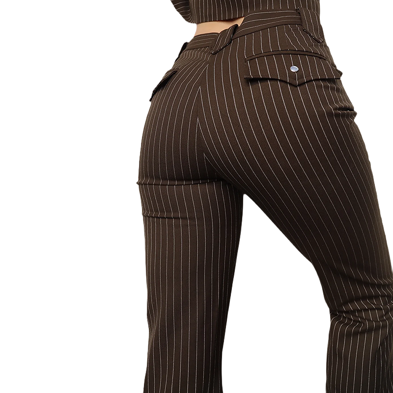 A woman wearing the H Bar C Western Pants "Bakersfield" in brown pinstripe