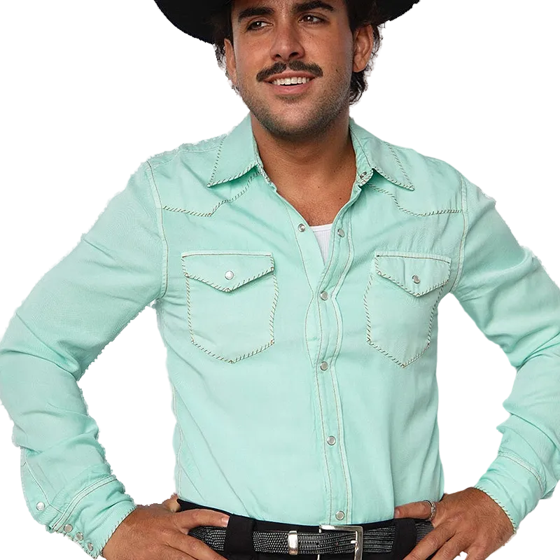 Man wearing a light turquoise western shirt and black hat