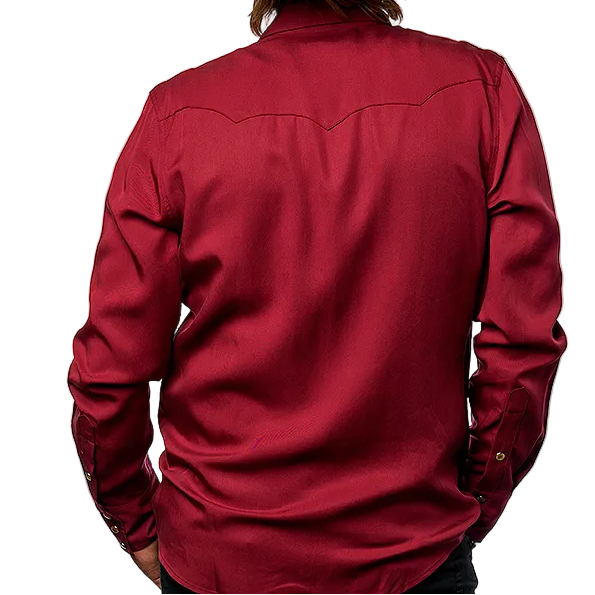 Person wearing a red H Bar C Kansas City western shirt