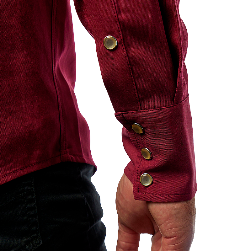 Close-up of a red H Bar C western shirt with pearl snaps