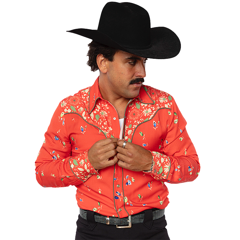 Man wearing a red patterned western shirt and black cowboy hat