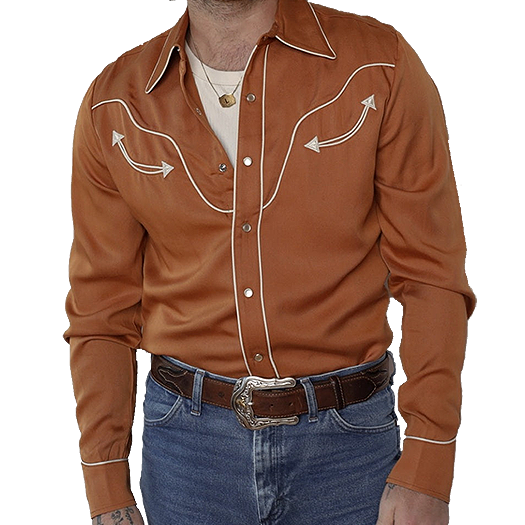 Man wearing a brown H Bar C San Fernando western shirt with white accents