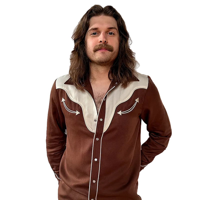 Man wearing a brown and white western-style shirt