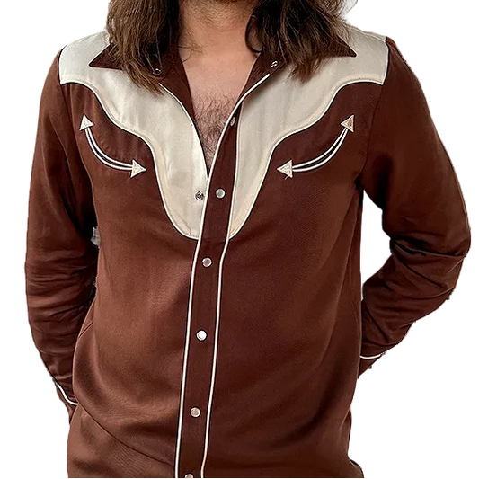 Man wearing a brown and white western-style shirt