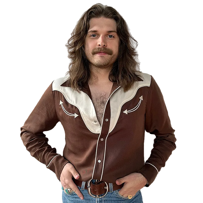 Man wearing a brown and white western shirt