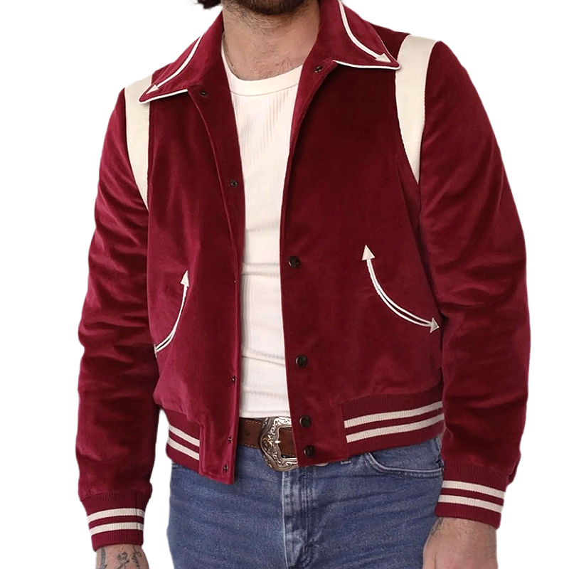 H Bar C Jacket in maroon corduroy and white leather.
