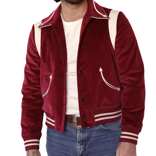 H Bar C Jacket in maroon corduroy and white leather.