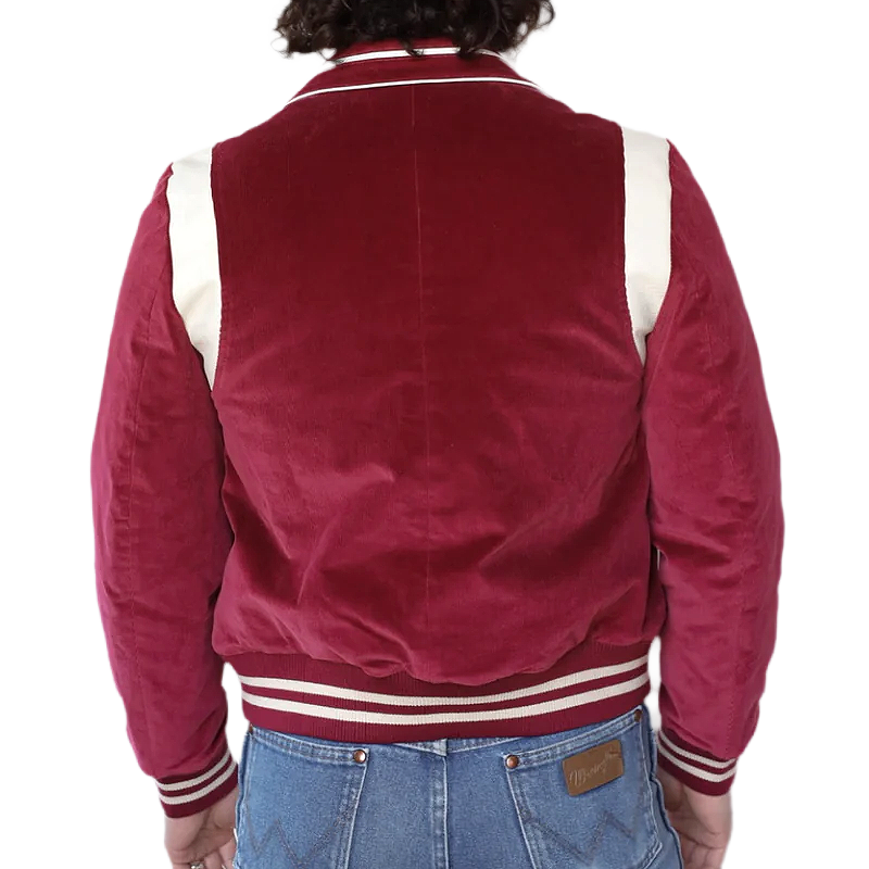 H Bar C Jacket in maroon corduroy and white leather seen from the back.