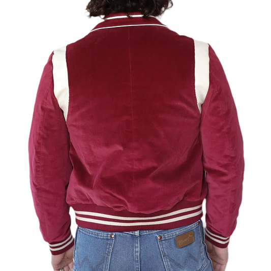 H Bar C Jacket in maroon corduroy and white leather seen from the back.