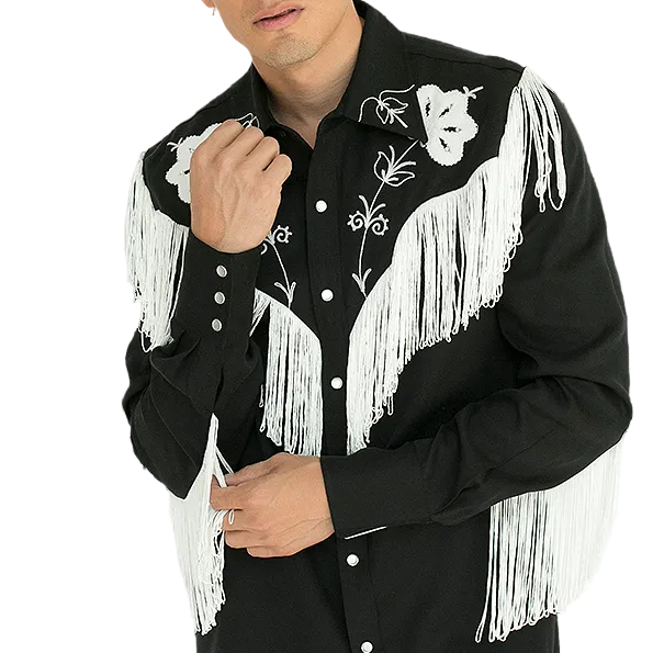 Man wearing a black H Bar C Taos Western shirt with white fringe and embroidery