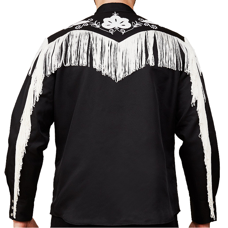 Black Western-style shirt with white fringe details