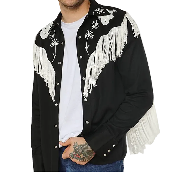Man wearing a black Western-style shirt with white fringe and embroidery