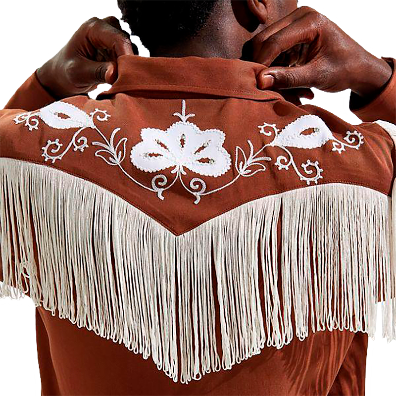 Brown embroidered western shirt with white fringes