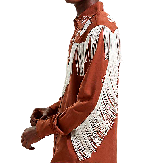 Man wearing a brown H Bar C Taos western shirt with white fringe