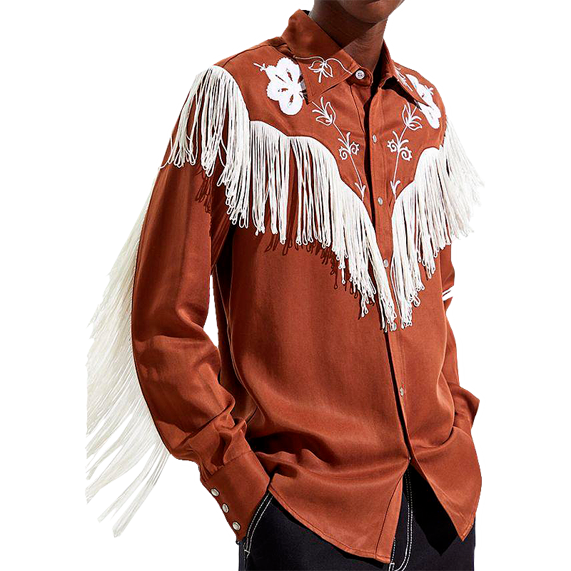 Brown western shirt with white fringe and embroidery