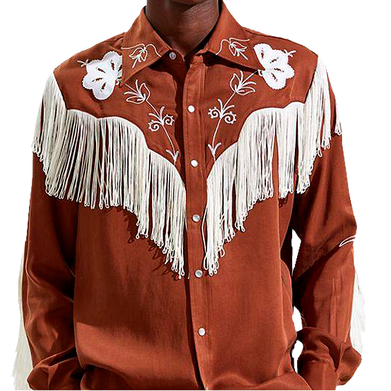 Man wearing a brown H Bar C Taos western shirt with white fringe and embroidery