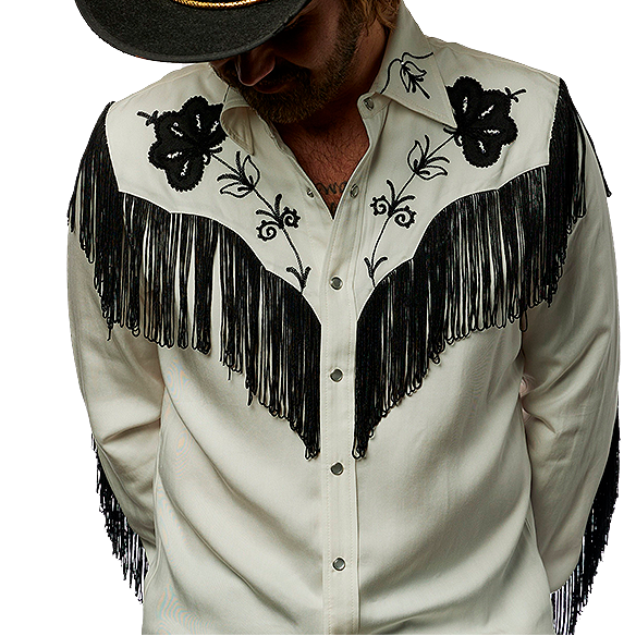 Man wearing a white H Bar C Taos western shirt with black fringe and embroidery, paired with a black cowboy hat
