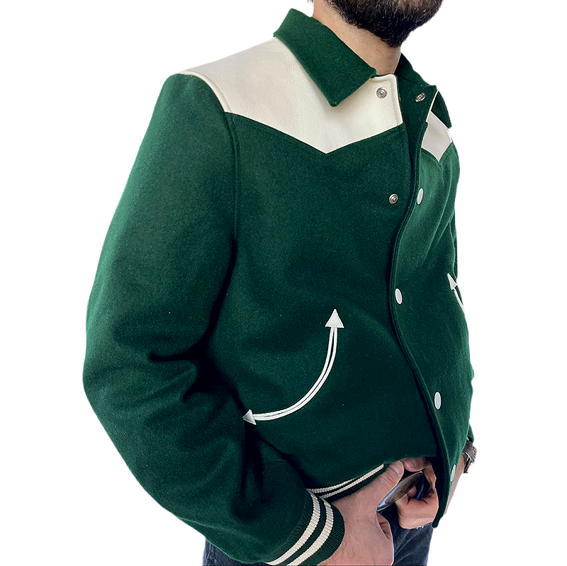 Green and white western style varsity jacket with smile pockets