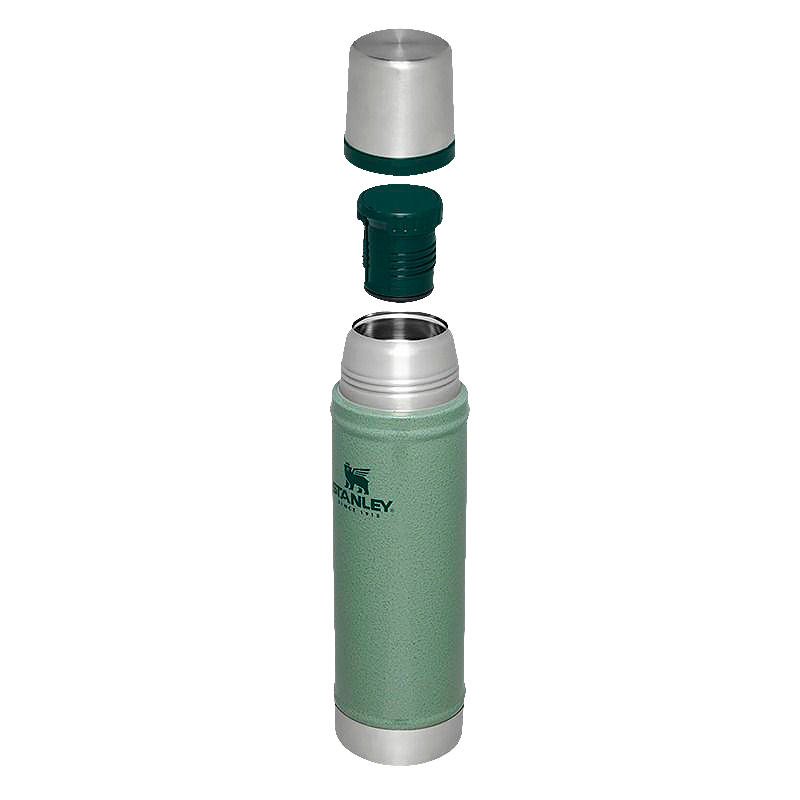 A Stanley vacuum-insulated bottle shown disassembled with its cap and neck removed, revealing the inner opening. The bottle has a textured Hammertone Green body with a silver stainless steel neck and base, and a dark green threaded neck insert.